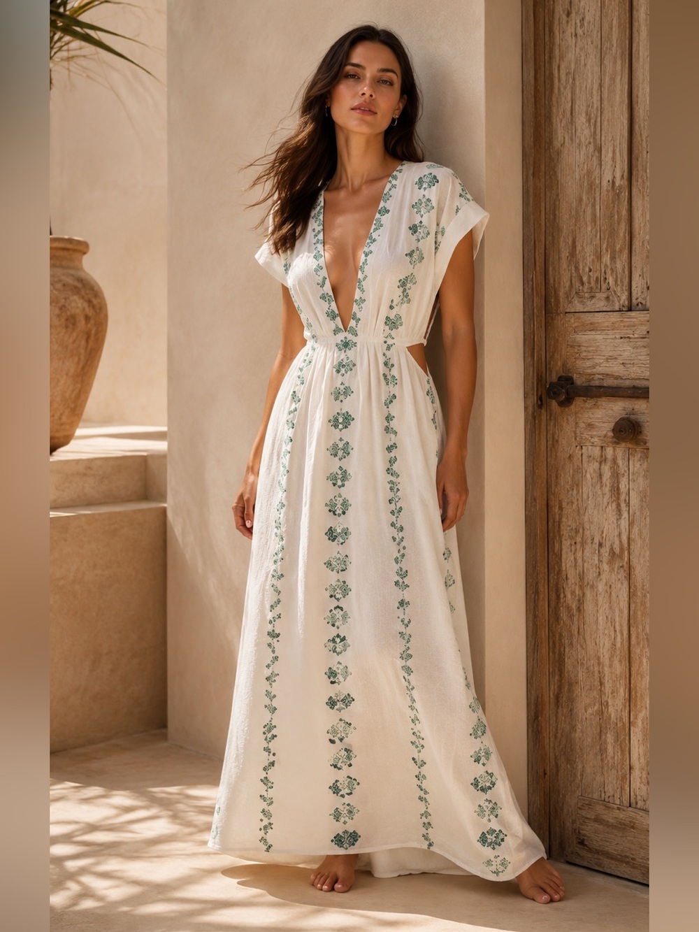 Zara Summer 2021 embroidered cut-out maxi dress in textured cotton.
